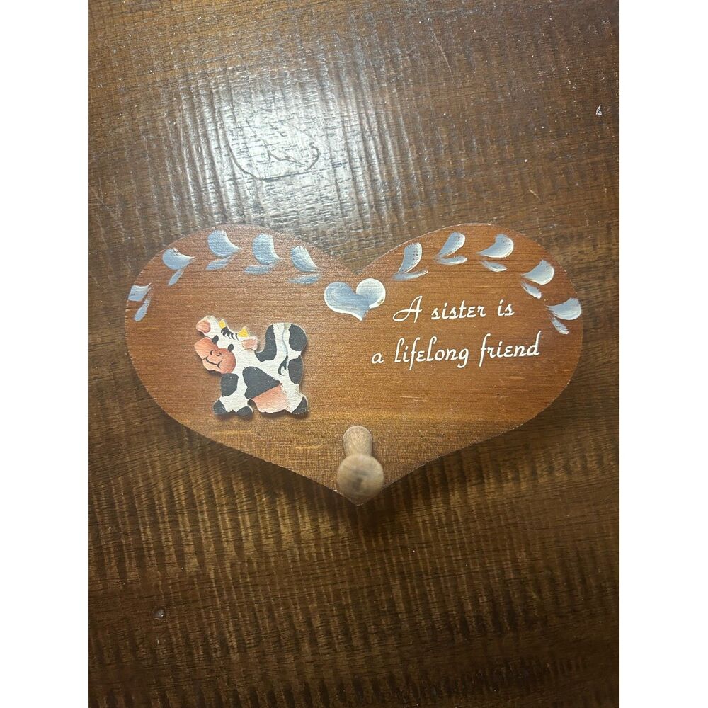 Vintage 90s Hand Painted Wood Heart Plaque Sister Lifelong Friend Cow Folk Art